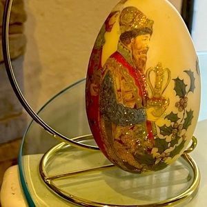 Vintage Handcrafted Christmas Holiday Porcelain Egg With Hanging Goldtone Stand